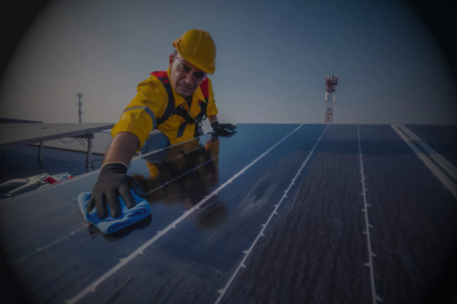 Worker Cleaning Solar Panels
